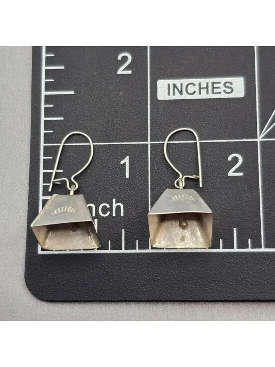 Vintage Southwestern Mother In Law Bell Dangle Earrings 1" Stamped Design - Picture 5 of 9